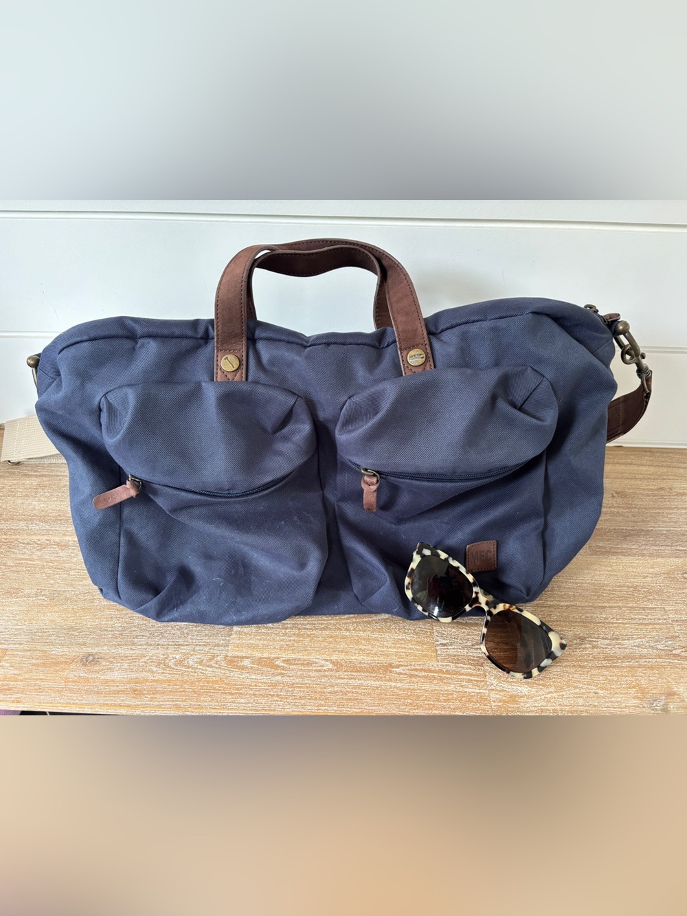 MEC Navy Canvas Weekender Bag with Brown Leather Trim and Canvas Strap